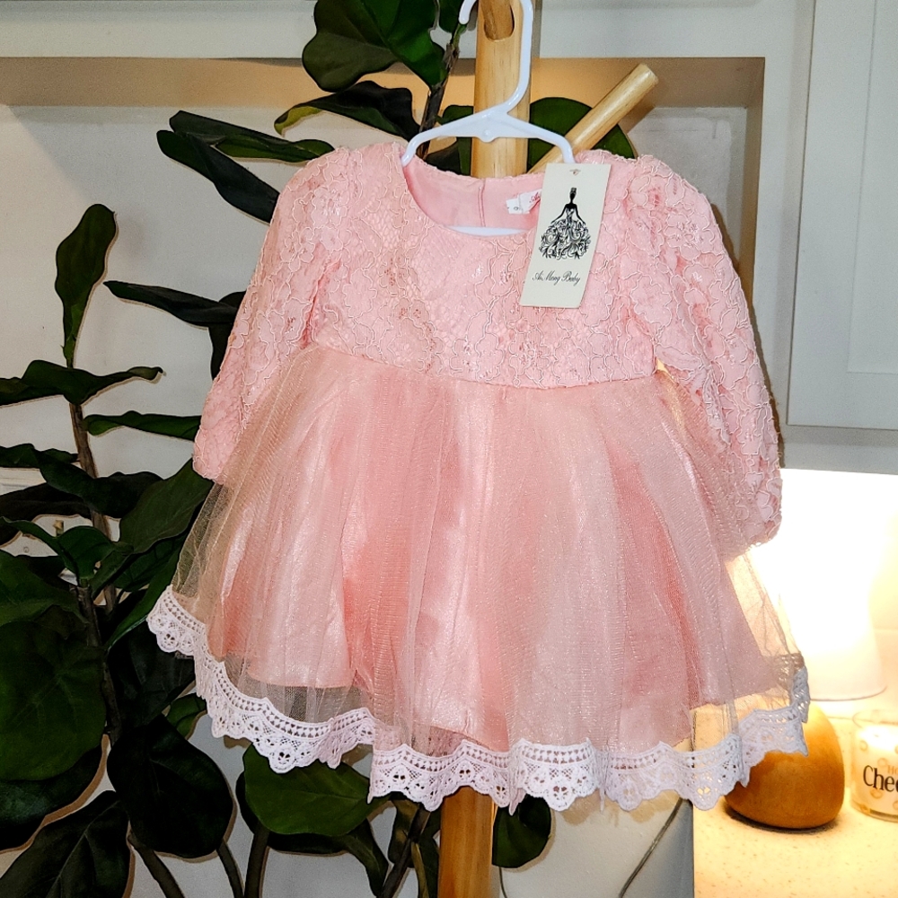 Infant Girl 9 Months Pink Long-sleeved Dress with Lace Detail & Cute Large Bow